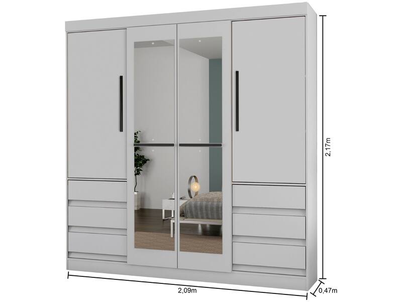 Guarda-Roupa Casal Atraente 4 Portas 6 Gavetas com Espelho Araplac